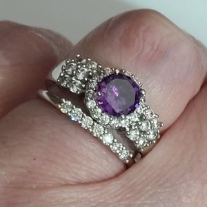 Ring sz 8 silver PL purple crystal stones faux diamonds CZ sparkly! Anniversary